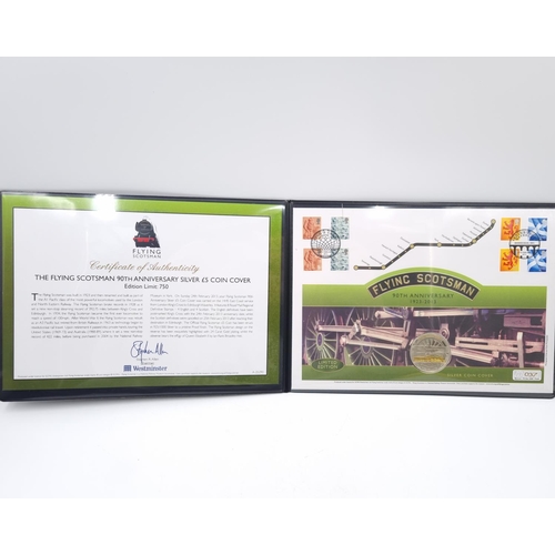 122 - Five cased commemorative covers and coin covers to include Flying Scotsman 90th Anniversary silver £... 