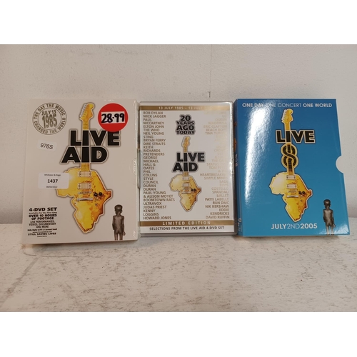 1437 - Three Live Aid DVD's, one sealed July 13th 1995 four disc set, one 20 Years Ago Today limited editio... 