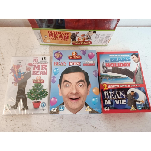 1441 - Four Mr Bean items, one sealed Merry Christmas Mr Bean DVD, one three film set, one two film set and... 