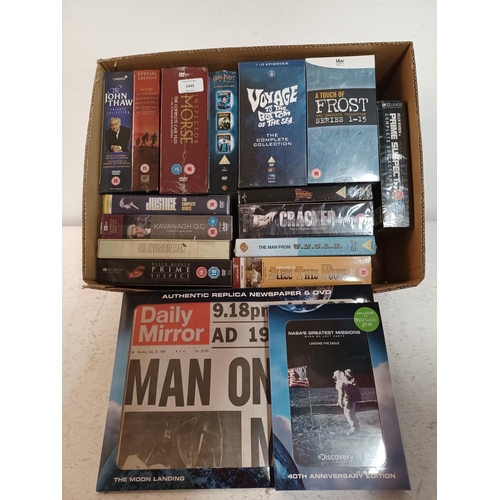 1443 - A box containing sealed DVD boxsets to include A Touch of Frost series 1-15, Voyage to the Bottom of... 