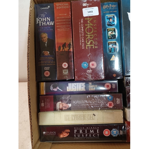 1443 - A box containing sealed DVD boxsets to include A Touch of Frost series 1-15, Voyage to the Bottom of... 