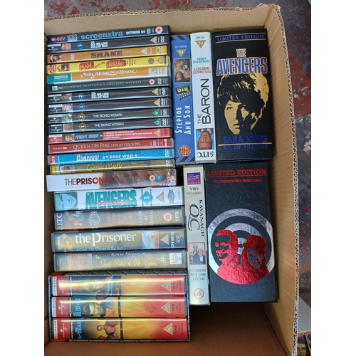 1444 - Four boxes containing DVDs and VHS videos - see images for titles