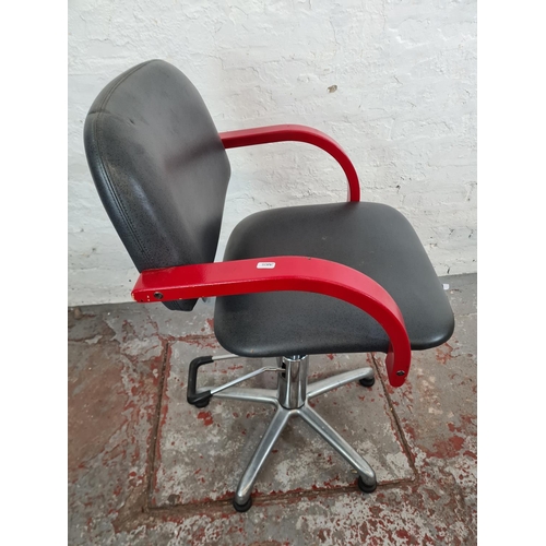 46 - A grey vinyl and red painted adjustable salon chair