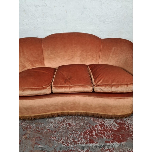 190 - A mid 20th century Victorian style orange upholstered three seater sofa - approx. 86cm high x 176cm ... 