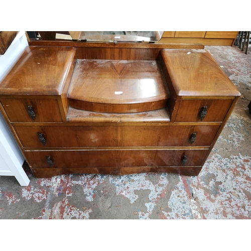 221 - An Art Deco walnut dressing table with upper mirror - approx. 142cm high x 107cm wide x 47cm deep