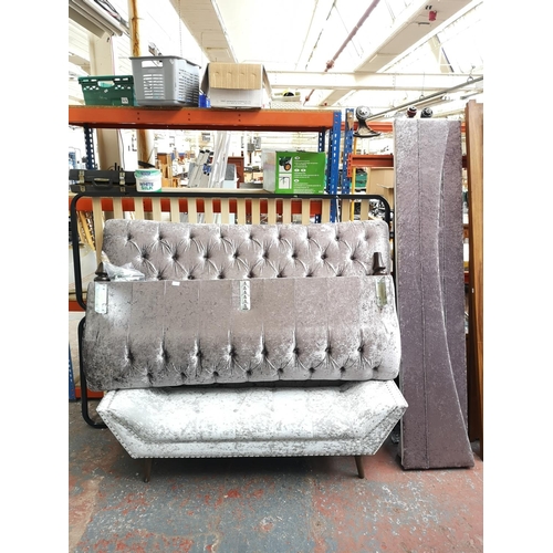 243 - A contemporary silver crushed velvet bedframe with similar window seat/bench