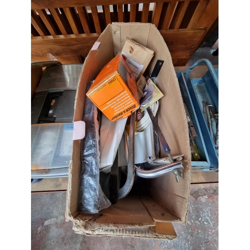 493 - Five boxes containing a collection of assorted tools to include vintage Record No. 23 bench vice, g-... 