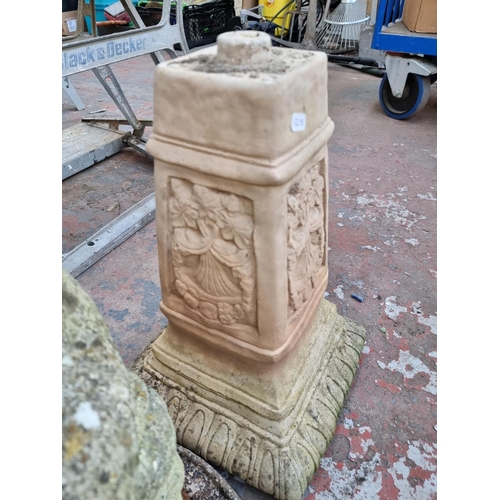 508 - Two pieces of cast stone, one lady figure on circular base and one Victorian pedestal base