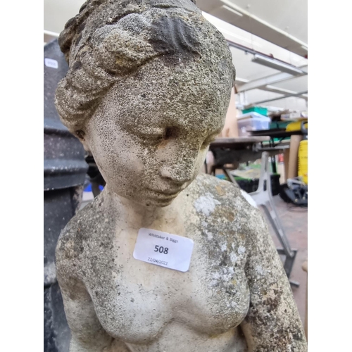 508 - Two pieces of cast stone, one lady figure on circular base and one Victorian pedestal base