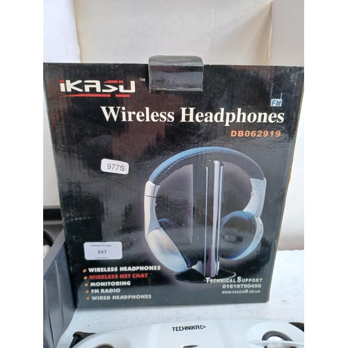 347 - A collection of audio items to include Technika SP-106 travel speakers, boxed wireless headphones, A... 