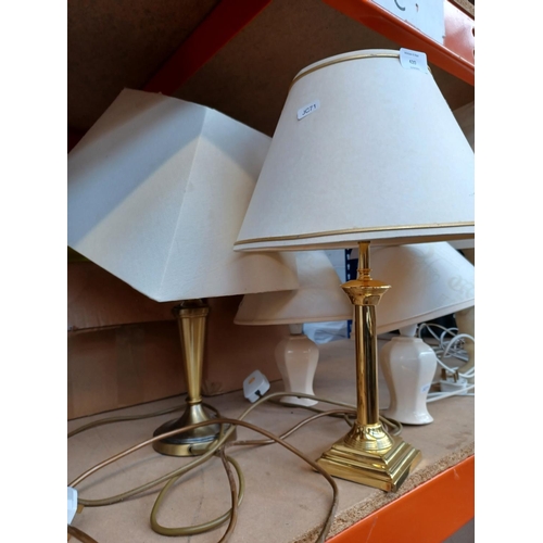 420 - Six table lamps with shades to include brass effect, brushed brass effect, alabaster etc.