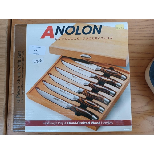 437 - Two items, one Anolon Brunello Collection six piece steak knife set with covered beech wood presenta... 