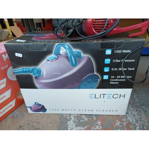 446 - Three cleaners, one boxed Elitech 1350 watt steam cleaner, one boxed Efbe-Schott delta head steam mo... 