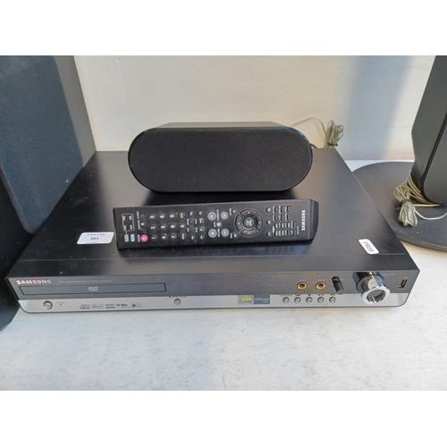 351 - A Samsung HT-TX25 DVD home cinema system comprising DVD player, centre speaker, subwoofer, pair of f... 