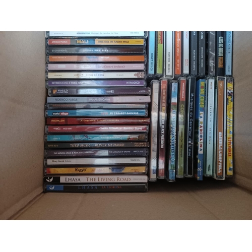 383 - Three boxes containing a collection of World Music CDs to include Gotam Project, Ozomatli, 1 Giant L... 