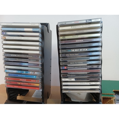 386 - Two boxes containing a collection of CDs and DVDs ; CDs to include Jimi Hendrix, Pink Floyd, The Bea... 