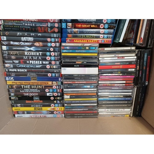 387 - Two boxes containing a large collection of CDs and DVDs ; CDs to include March of the Mods, Paul Wel... 