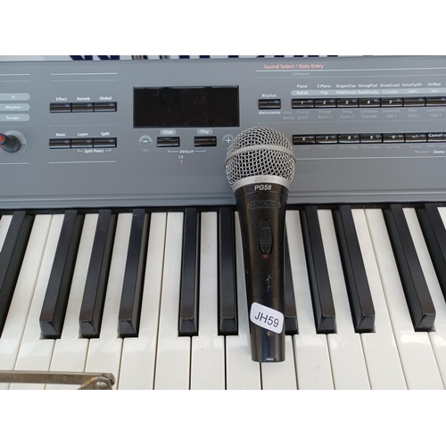 404 - A Kurzweil SP2X stage piano with stand, Shure P58 microphone and stand, foot pedal, power adaptor, m... 