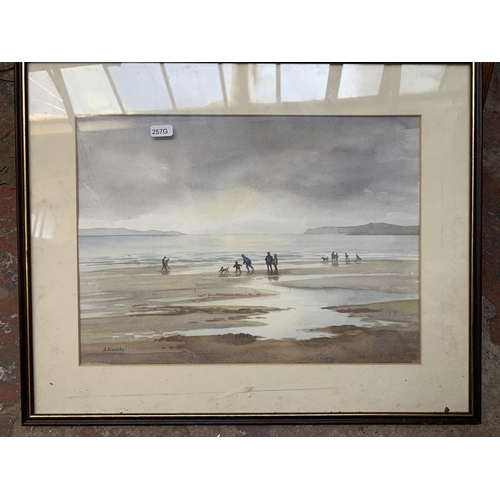 259 - A collection of various framed pictures and prints to include January Beach watercolour signed A. Ke... 