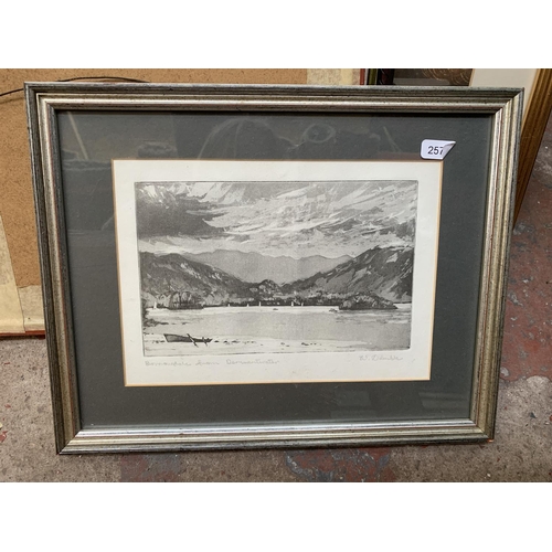 259 - A collection of various framed pictures and prints to include January Beach watercolour signed A. Ke... 