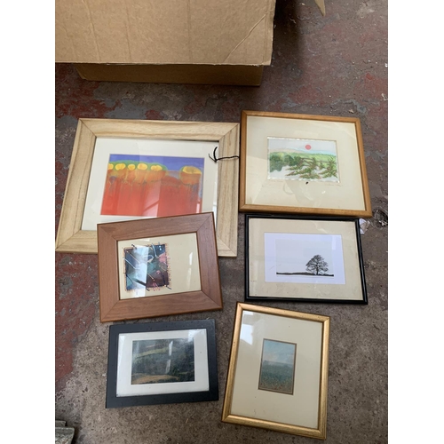 260 - Two boxes containing various framed pictures and prints to include watercolour titled 'The House On ... 