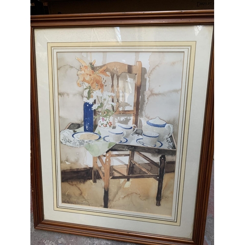 260 - Two boxes containing various framed pictures and prints to include watercolour titled 'The House On ... 