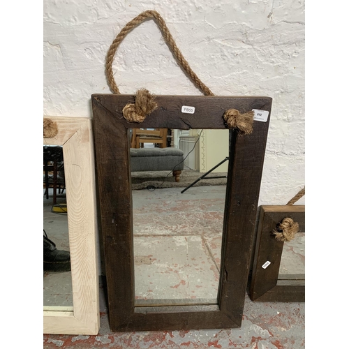 268 - Three modern nautical style hardwood framed rope hanging mirrors - largest approx. 57cm high x 46cm ... 