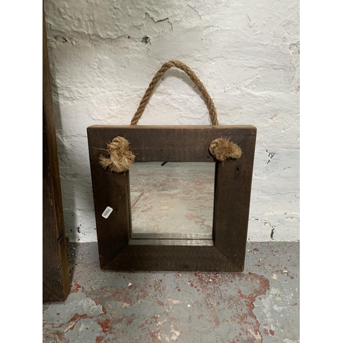 268 - Three modern nautical style hardwood framed rope hanging mirrors - largest approx. 57cm high x 46cm ... 