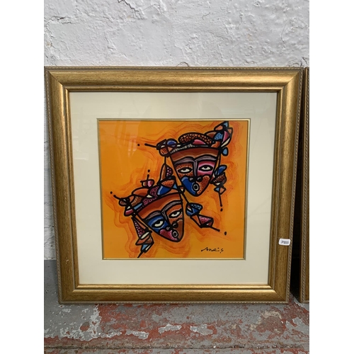 271 - Two framed African art abstract paintings on silk - approx. 48cm wide x 47cm high