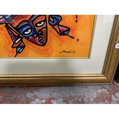 271 - Two framed African art abstract paintings on silk - approx. 48cm wide x 47cm high