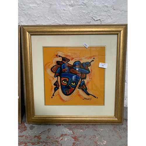 271 - Two framed African art abstract paintings on silk - approx. 48cm wide x 47cm high