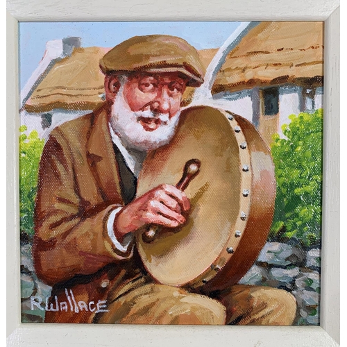 272 - A framed Irish R. Wallace oil on board titled 'The Bodhran Player' - approx. 35cm wide x 35cm square