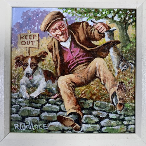 273 - A framed Irish R. Wallace oil on board titled 'The Poacher' - approx. 32cm wide x 32cm high