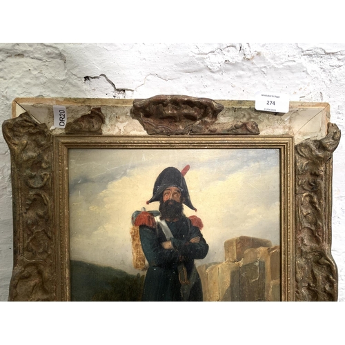 274 - A 19th century gilt framed portrait oil on board of a soldier - approx. 43cm high x 35cm wide