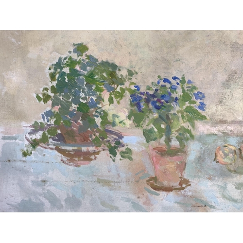 276 - A mid 20th century Stella Steyn (1907-1987) unframed oil on canvas of a floral and fruit still life ... 