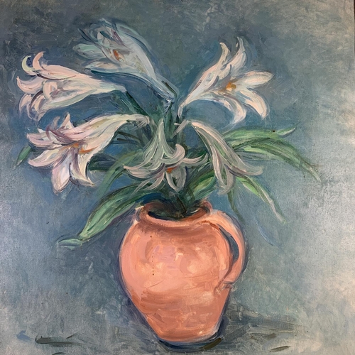 279 - A mid 20th century Stella Steyn (1907-1987) framed oil on canvas of a lily still life scene bearing ... 