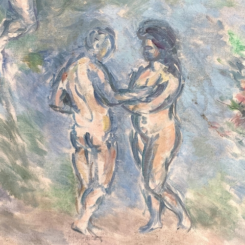 282 - A mid 20th century Stella Steyn (1907-1987) unframed oil on canvas of a nude couple bearing stamp to... 