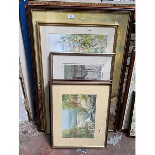 288 - Seven framed pictures and prints comprising three late 20th century framed W. Dumble watercolours, a... 