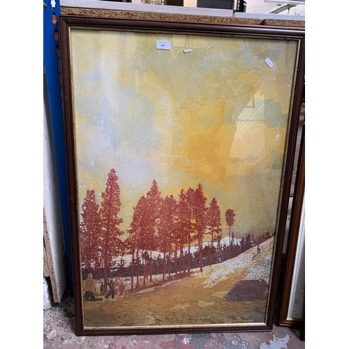 288 - Seven framed pictures and prints comprising three late 20th century framed W. Dumble watercolours, a... 