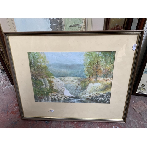 288 - Seven framed pictures and prints comprising three late 20th century framed W. Dumble watercolours, a... 