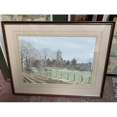 288 - Seven framed pictures and prints comprising three late 20th century framed W. Dumble watercolours, a... 