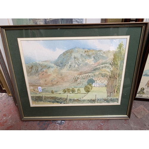 288 - Seven framed pictures and prints comprising three late 20th century framed W. Dumble watercolours, a... 