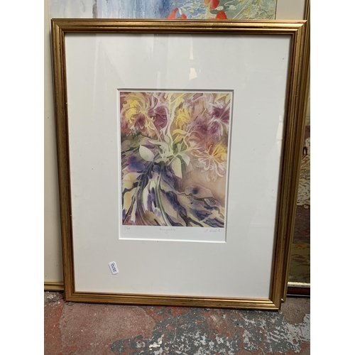 288 - Seven framed pictures and prints comprising three late 20th century framed W. Dumble watercolours, a... 