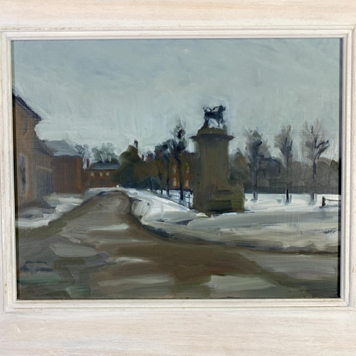 291 - A framed oil on board titled 'Dunham Massey Hall, Winter' by Northern artist John Pegg - approx. 45c... 