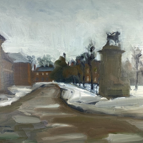 291 - A framed oil on board titled 'Dunham Massey Hall, Winter' by Northern artist John Pegg - approx. 45c... 