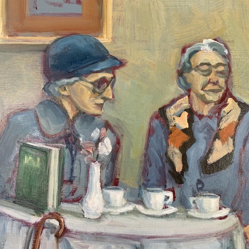 295 - A framed oil on board titled 'Afternoon Tea' by Northern artist John Pegg - approx. 54cm wide x 44cm... 