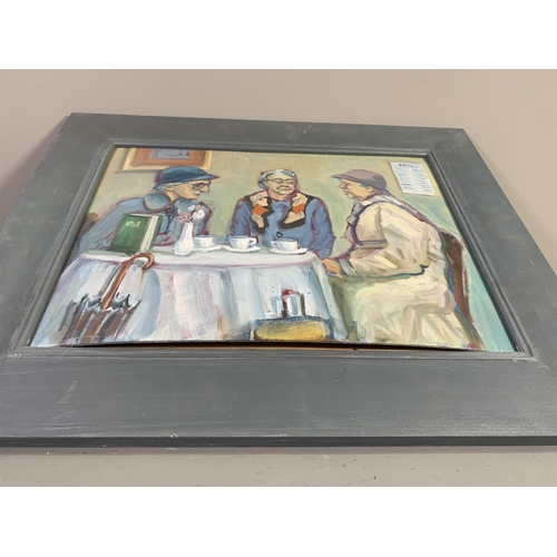 295 - A framed oil on board titled 'Afternoon Tea' by Northern artist John Pegg - approx. 54cm wide x 44cm... 