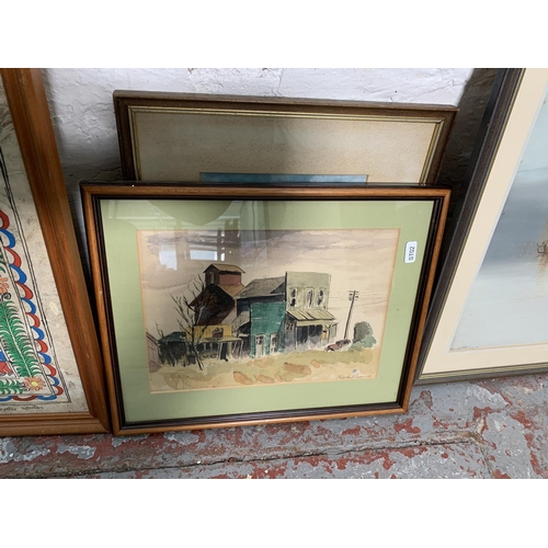 299 - Four framed paintings to include painting signed Vanlentin Santos, watercolour of a farming scene, p... 