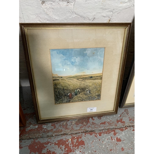 299 - Four framed paintings to include painting signed Vanlentin Santos, watercolour of a farming scene, p... 