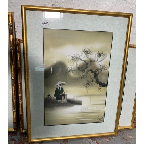 300 - Four framed Oriental paintings on cloth - largest approx. 42cm high x 32cm wide